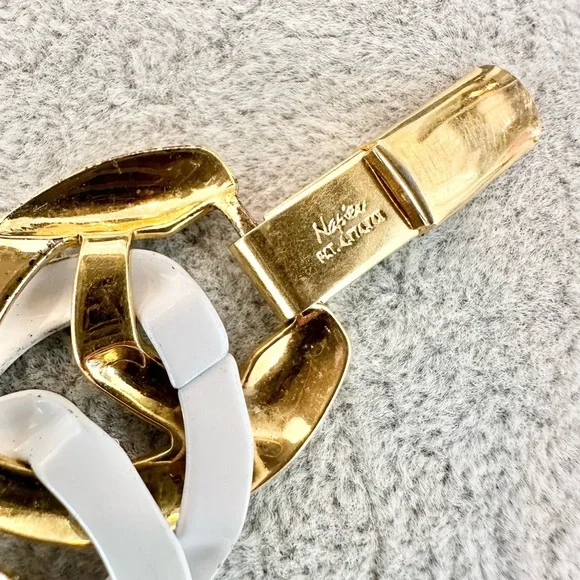 Vintage Signed Napier Shiny Gold Tone White Enamel Chunky Chain Link Bracelet - Picture 5 of 6